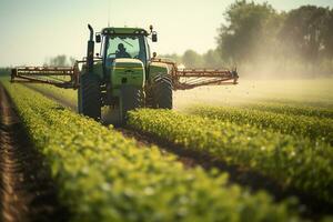 granjero pulverización pesticidas en un patata campo con un pulverizador. ai generado foto