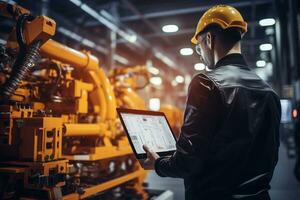 Engineer or factory worker using tablet to work w0ith industry robot arm or machine in factory warehouse. Industry and engineering concept. Ai Generated photo