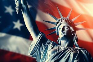 el estatua de libertad y el americano bandera. el concepto de el unido estados de America. ai generado foto