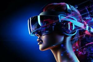Young woman in virtual reality headset. Future technology concept. 3D Rendering Ai Generated photo