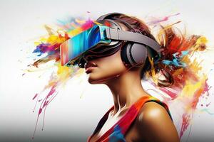 joven mujer en virtual realidad auriculares. futuro tecnología concepto. 3d representación ai generado foto