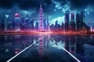 the light trails on the modern building background in shanghai china. Ai Generated photo