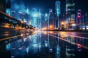 the light trails on the modern building background in shanghai china. Ai Generated photo