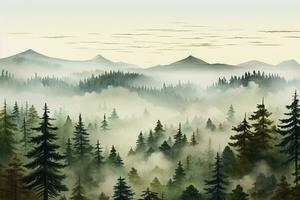 brumoso montaña paisaje con pino arboles y aves. digital pintura ai generado foto