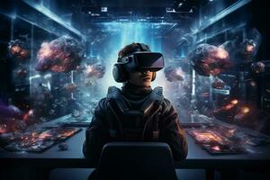 Young man wearing virtual reality goggles while sitting at the table with 3D rendering planets Ai Generated photo