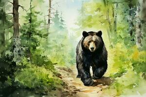 Watercolor illustration of a bear in the forest. Wild animal Ai Generated photo