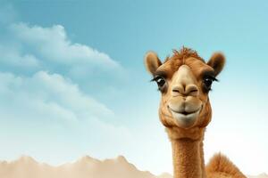 Funny cute camel on blue sky background. 3D Rendering Ai Generated photo