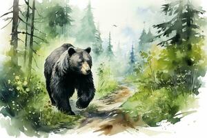 Watercolor illustration of a bear in the forest. Wild animal Ai Generated photo