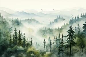 Foggy mountain landscape with pine trees and birds. Digital painting Ai Generated photo