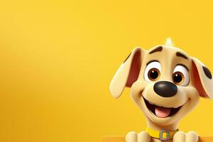 3d representación de un perro dibujos animados personaje con un amarillo antecedentes. ai generado foto
