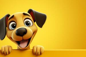 3d representación de un perro dibujos animados personaje con un amarillo antecedentes. ai generado foto