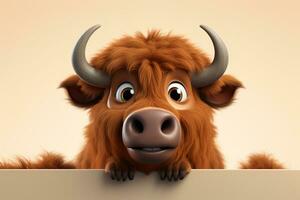 bull character cartoon isolated on white background 3d illustration of highland cattle Ai Generated photo