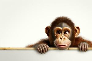 Monkey peeking out from behind a blank board with copy space Ai Generated photo