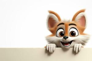 3d rendering of a cute fox with a wooden board isolated on white background Ai Generated photo