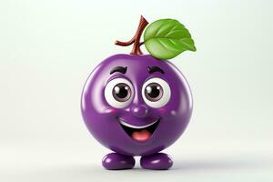 3d illustration of purple plum cartoon character with leaf on white background photo