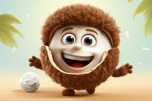 Cute cartoon lion with a ball of ice cream on the beach Ai Generated photo