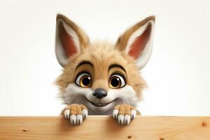 3d rendering of a cute fox with a wooden board isolated on white background Ai Generated photo