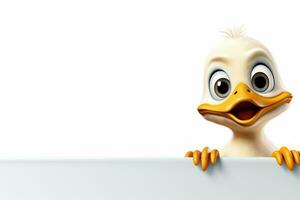 3d rendered illustration of duckling cartoon character with blank sign board Ai Generated photo