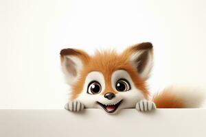 Cute fox with blank banner, isolated on white. 3D illustration. Ai Generated photo