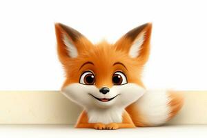 Cute fox with blank banner, isolated on white. 3D illustration. Ai Generated photo