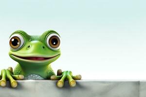 3d rendered illustration of a green frog with a blank sign board Ai Generated photo