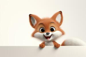 Cute fox with blank banner, isolated on white. 3D illustration. Ai Generated photo