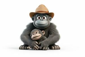 Gorilla in a hat sitting with a monkey isolated on white background Ai Generated photo