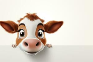 cow peeking out from behind a blank board - 3d illustration Ai Generated photo