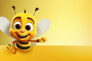 3d ilustración de linda abeja dibujos animados personaje con flor en amarillo antecedentes ai generado foto