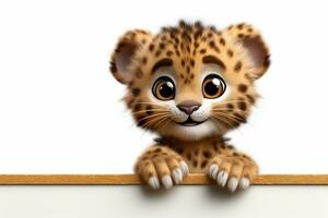 3d prestados ilustración de un leopardo dibujos animados personaje con blanco tablero ai generado foto