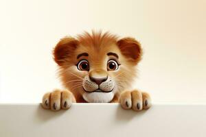 Cute lion peeking from behind a white board on a light background Ai Generated photo