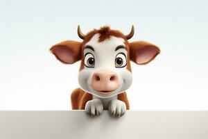 cow peeking out from behind a blank board - 3d illustration Ai Generated photo