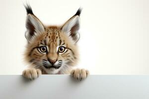 Tricolor kitten peeking from behind a white board isolated on white background Ai Generated photo