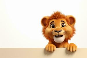 Cute lion peeking from behind a white board on a light background Ai Generated photo