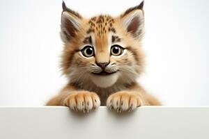 Tricolor kitten peeking from behind a white board isolated on white background Ai Generated photo