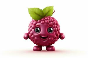 Cartoon character of raspberry with leaf on white background. 3d illustration Ai Generated photo