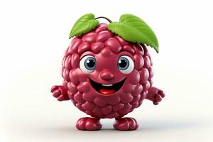 Cartoon character of raspberry with leaf on white background. 3d illustration Ai Generated photo