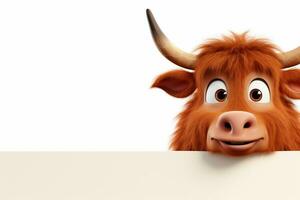 3d rendered illustration of cow cartoon character with blank sign board. Ai Generated photo