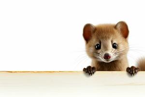 Funny weasel peeking from behind a wooden board, isolated on white background Ai Generated photo