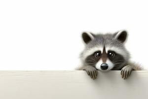 Cute raccoon peeking from behind a white banner with copy space Ai Generated photo