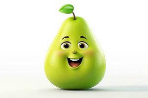 Funny green pear character with smiley face on wooden table and green background Ai Generated photo