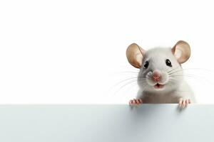 Cute white rat peeking out from behind blank banner, isolated on white background Ai Generated photo