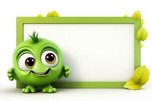 3d rendered illustration of monster cartoon character with white board and leaves Ai Generated photo