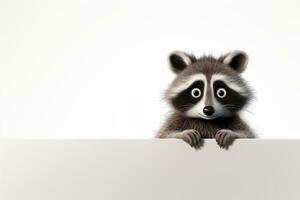 Cute raccoon peeking from behind a white banner with copy space Ai Generated photo