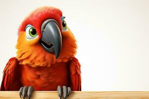 Cute parrot peeking out from behind a wooden board Ai Generated photo