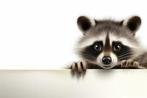 Cute raccoon peeking from behind a white banner with copy space Ai Generated photo