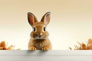 3d rendering of a white rabbit with a wooden sign on a white background Ai Generated photo