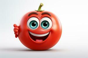dibujos animados personaje de tomate con pulgares arriba gesto, 3d hacer ai generado foto