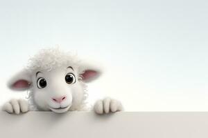 Sheep with blank board on white background, 3d illustration. Ai Generated photo