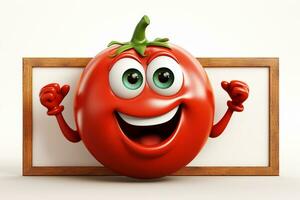 dibujos animados personaje de tomate con pulgares arriba gesto, 3d hacer ai generado foto